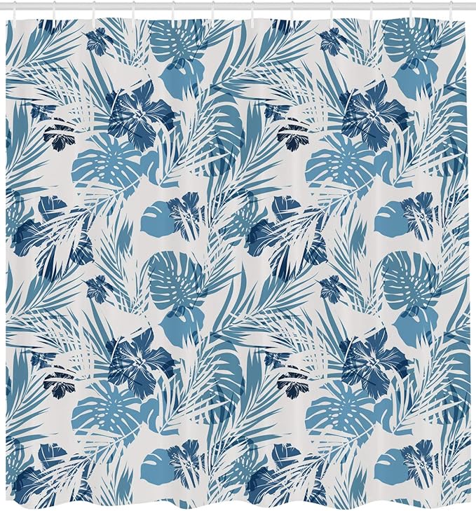 Ambesonne Leaf Shower Curtain, Island Ocean Beach Sea Inspired Hawaiian Flowers Palm Tree Leaves Art Print, Cloth Fabric Bathroom Decor Set with Hooks, 69" W x 70" L, Blue
