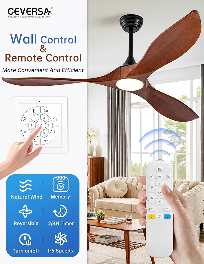 60 Inch Outdoor Ceiling Fans with Lights and Remote,3 Blade Modern Solid Wood Ceiling Fan with Wall Control Switch,Dimmable,Quiet Noiseless DC Motor for Patios,Farmhouse, Living Room,Bedroom