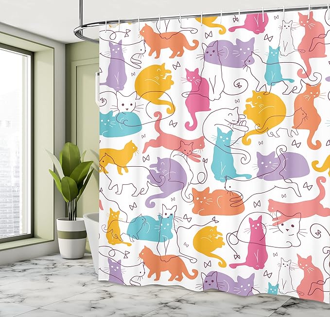 Ambesonne Cat Shower Curtain, Colorful Cats Jumping Playing Sitting Relaxing Feline Joyful Modern Line Art, Cloth Fabric Bathroom Decor Set with Hooks, 69" W x 70" L, Mustard Purple