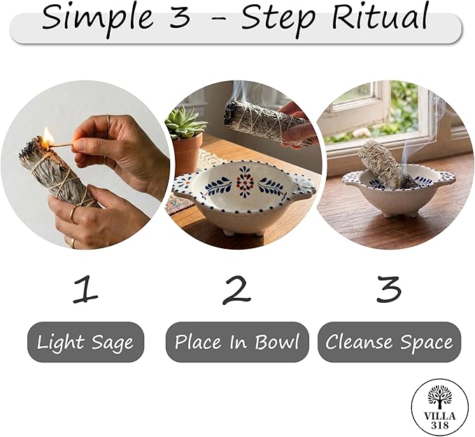 Hand-Painted Smudge Bowl, 6.5" Inch Artisanal Ceramic Incense Holder for Sage, Palo Santo, Incense & Spiritual Cleansing, Altar Decor for Meditation, Healing Rituals & Energy Clearing