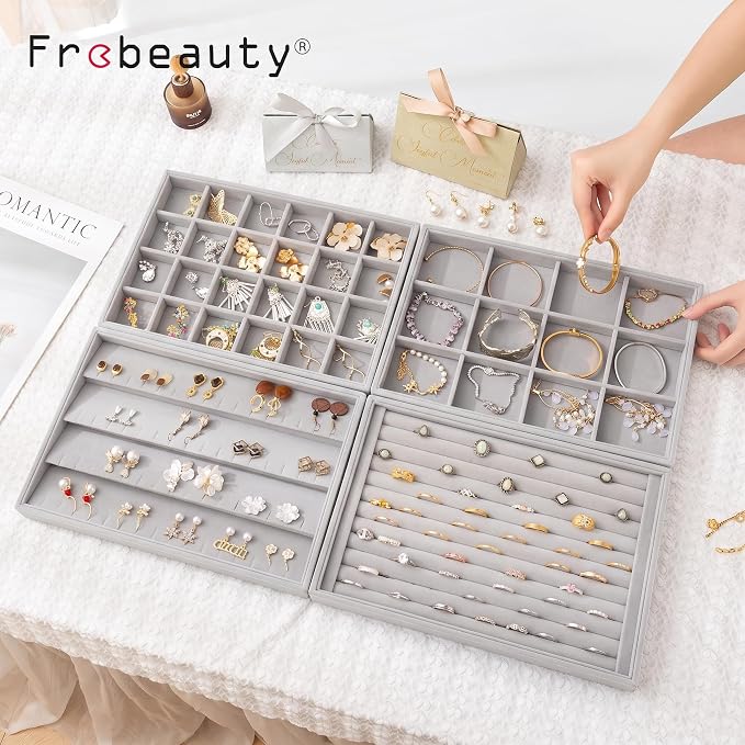 Frebeauty Jewelry Trays for Drawer,Set of 2 Jewelry Organizer and Storage | Velvet Material,Stackable,Adjustable Dividers,Drawer Inserts for Rings Studs Bracelet,Earring Organizer for Women Girls