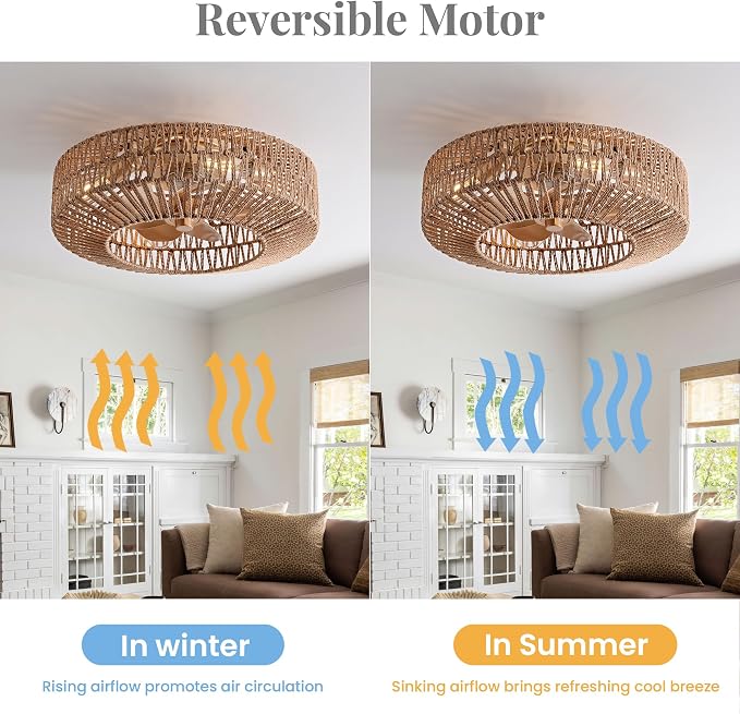 20" Boho Caged Fandelier with Lights Flush Mount Rattan Ceiling Fan with Lights and Remote Control, Enclosed 6 Speeds Low Profile Fan Light for Bedroom, Living Room, Kitchen