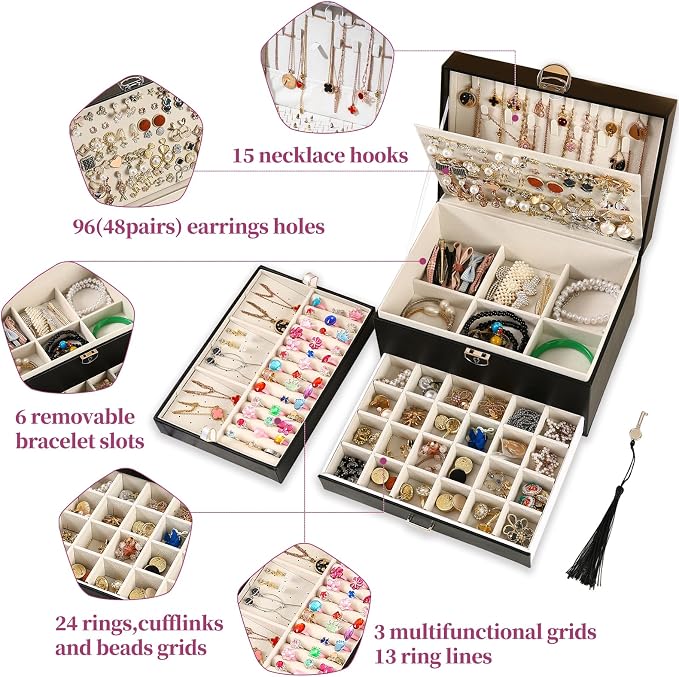 BOOVO Large Jewelry Boxes For Women (Black) | 5 Layers Jewelry Organizer Box With Cosmetic Storage Drawer, Necklace Ring Jewelry Organizer Box