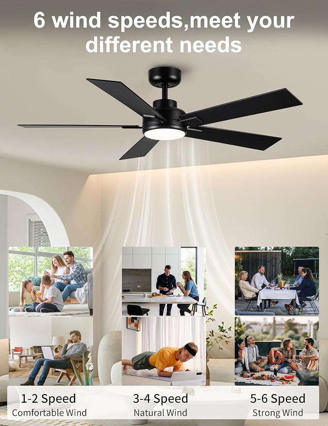 Modern Ceiling Fans with Lights - 52 inch Black Outdoor Ceiling Fan with Light and Remote, Reversible DC Motor, 6-Speed Quiet 3CCT LED Dimmable for Bedroom, Indoor and Outdoor, Patios , ETL Listed