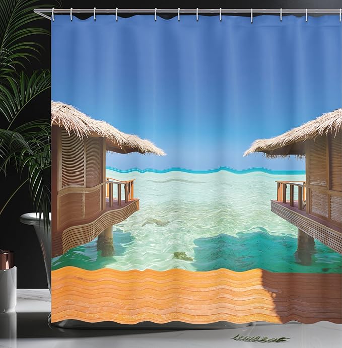 Ambesonne Beach Shower Curtain, Water Bungalows on Tropical Maldives Island Nature Landscape Journey, Cloth Fabric Bathroom Decor Set with Hooks, 69" W x 70" L, Orange Blue Pale Brown