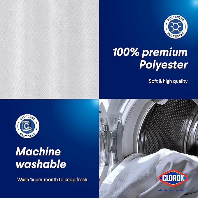 Clorox 2-in-1 Bathroom Shower Curtain Liner, Durable Fabric, Weighted Magnets for Bath Water Control, Washable Premium Quality, Extra Long Stall 78" x 54" White