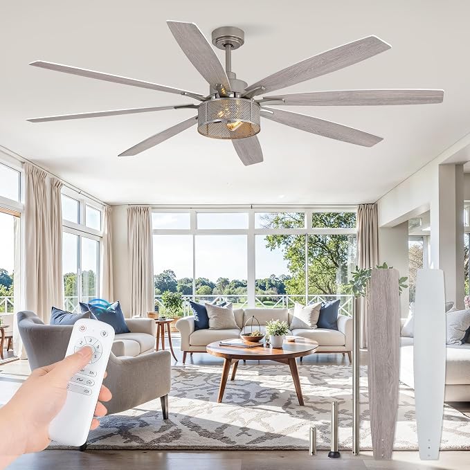 Fanbulous Farmhouse Ceiling Fans with Lights and Remote, 72 Inch Brushed Nickel Industrial Caged Ceiling Fans for Bedroom Living Room Kitchen, 6 Speed Reversible Quiet DC Motor, Dual Finish 8 Blades