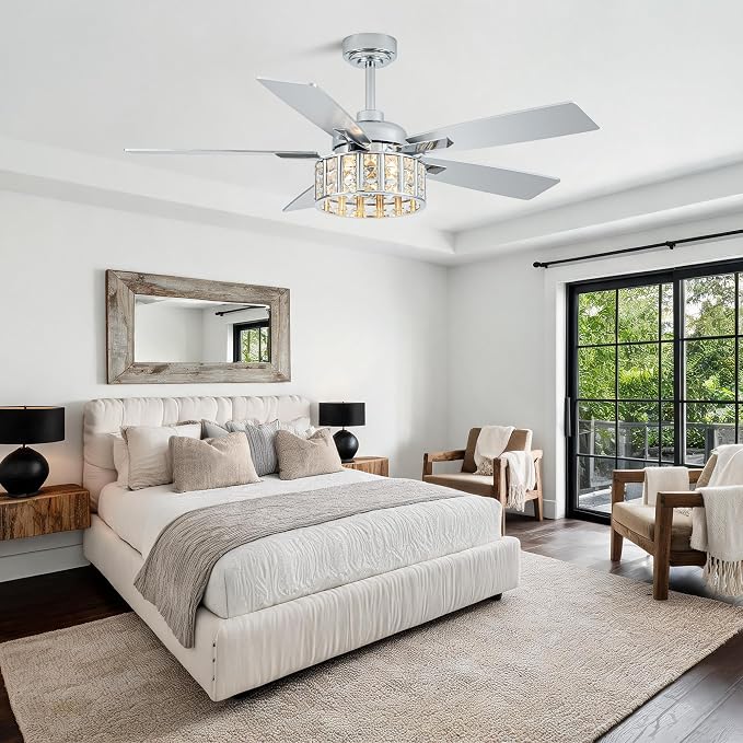 52" Modern Crystal Chandelier Ceiling Fans with Lights for Living Room | K9 Crystal Fandelier Fan Quiet Reversible DC Motor 6 Speeds Timer E26 Bedroom