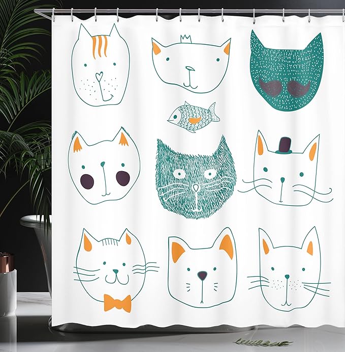 Ambesonne Cat Shower Curtain, Pets Moustache Bow Tie Hat Crown Fluffy and Fish Humor Faces Graphic, Cloth Fabric Bathroom Decor Set with Hooks, 69" W x 70" L, Teal Apricot