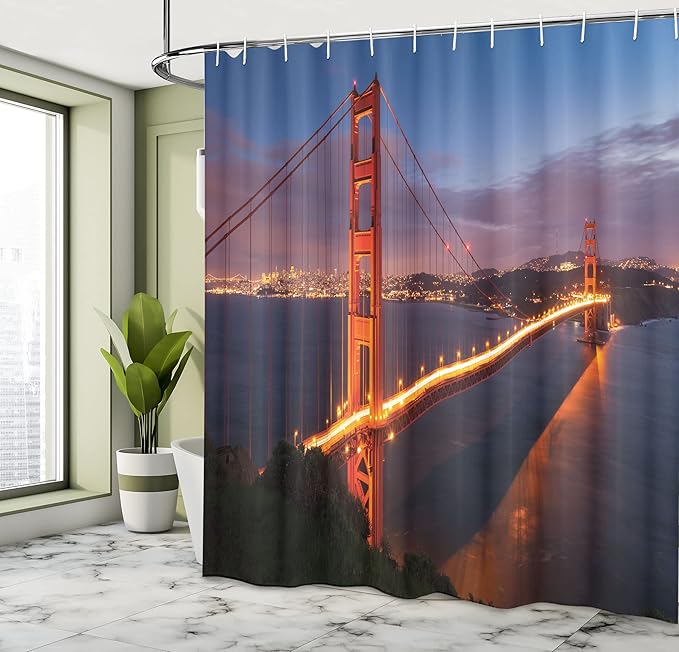 Ambesonne City Shower Curtain, Panorama of Golden Gate Bridge Famous Architectural Landscape Scenery, Cloth Fabric Bathroom Decor Set with Hooks, 69" W x 70" L, Orange Dried Rose Blue