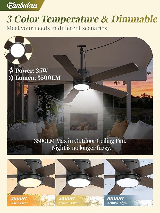 Fanbulous 52" Outdoor Ceiling Fan with Light and Remote, IP65 Waterproof, Plug-in Design with 10FT Cord, 6-Speeds, 3CCT, Hook Hanging Fan for Gazebo Patio Porch Garage Canopy(Black)