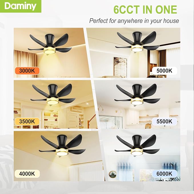 DAMINY 30 Inch Black and Gold 5 Blade Ceiling Fan with Light, Modern Ceiling Fan with Remote,Large Airflow,Flush Mount,6CCT,Dimmable,Noiseless,Bedroom