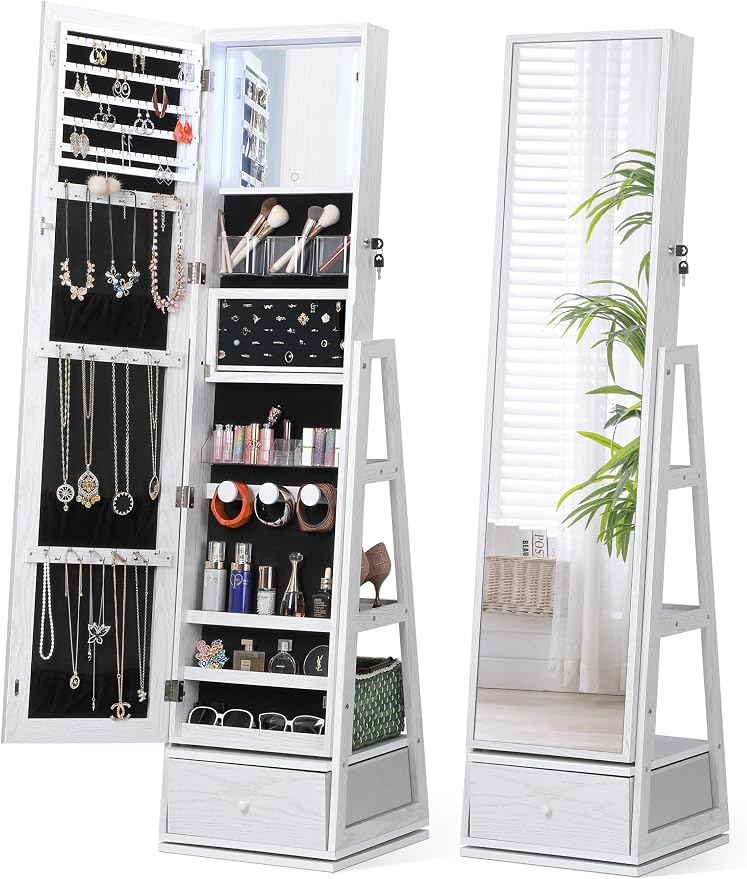 360° Swivel Jewelry Cabinet with Lights, Touch Screen Vanity Mirror, Rotatable Full Length Mirror with Jewelry Storage, Standing Jewelry Armoire Organizer, Foldable Makeup Shelf, White with Grain