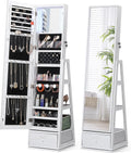 360° Swivel Jewelry Cabinet with Lights, Touch Screen Vanity Mirror, Rotatable Full Length Mirror with Jewelry Storage, Standing Jewelry Armoire Organizer, Foldable Makeup Shelf, White with Grain