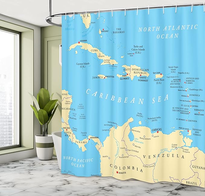 Ambesonne Map Print Shower Curtain, Caribbean Political Map Capitals National Borders Important Cities Rivers Lakes, Cloth Fabric Bathroom Decor Set with Hooks, 69" W x 70" L, Ivory Blue