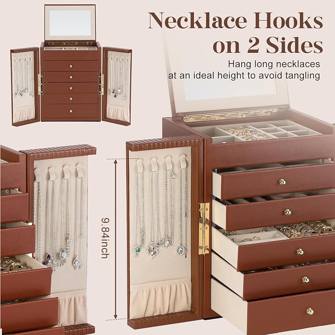 Dajasan Large Jewelry Organizer Box, 6-Tier Jewelry Storage Case with 5 Drawers, Jewelry Boxes for Women Girls with Mirror, Double Door, Textured PU Leather, Gift Idea, Stylish (Brown + Gold)