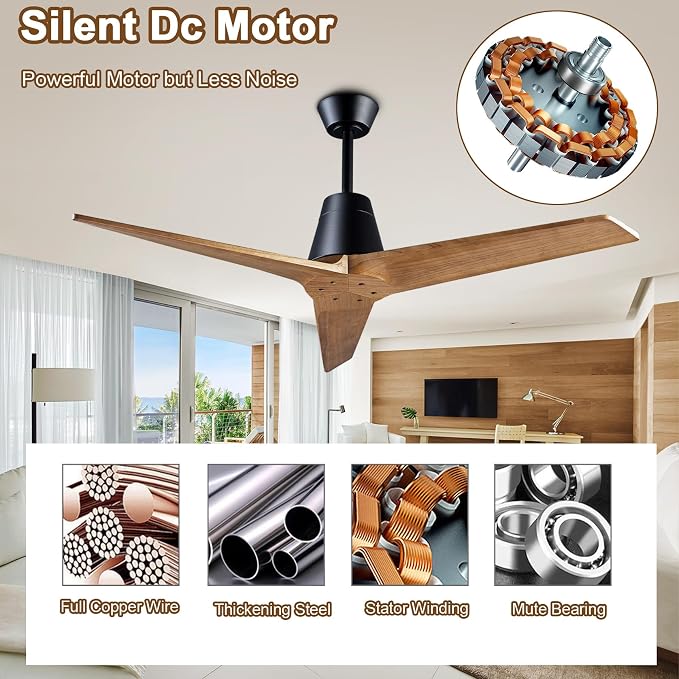 52 Inch Solid Wood 3 Blades Outdoor Ceiling Fan No Light DC Remote Control | solid sycamore blades, reversible dc motor, 6-speed timer remote, no light, for bedroom patio indoor outdoor spaces