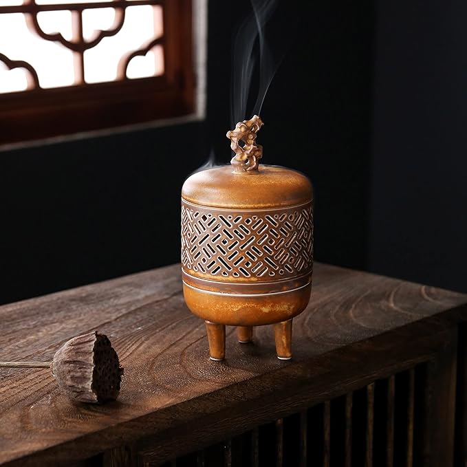 Antique Incense Holder Ceramic Incense Burner Chinese Tripod Stove Ding for Cone, Stick and Coil Incense for Yoga, SPA, Meditation