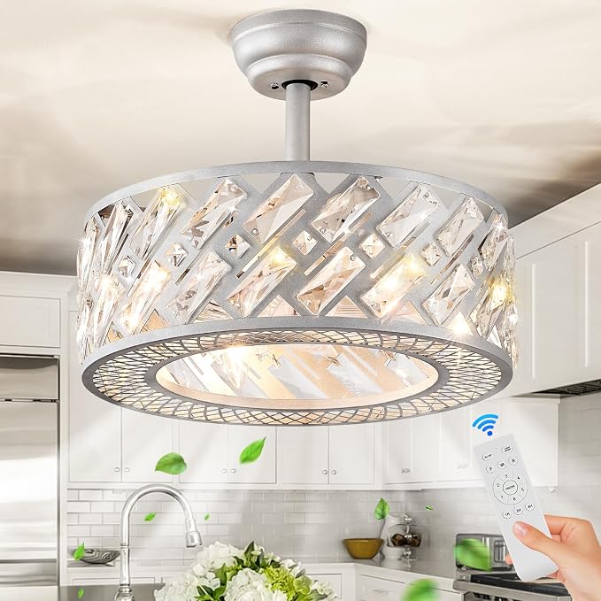 CATINER 18.5" Crystal Caged Bladeless Ceiling Fan with Light, Remote Control, Silent 6-Speed Reversible Motor – Modern Enclosed Ceiling Fan for Bedroom, Kitchen, Living Room (Silver)