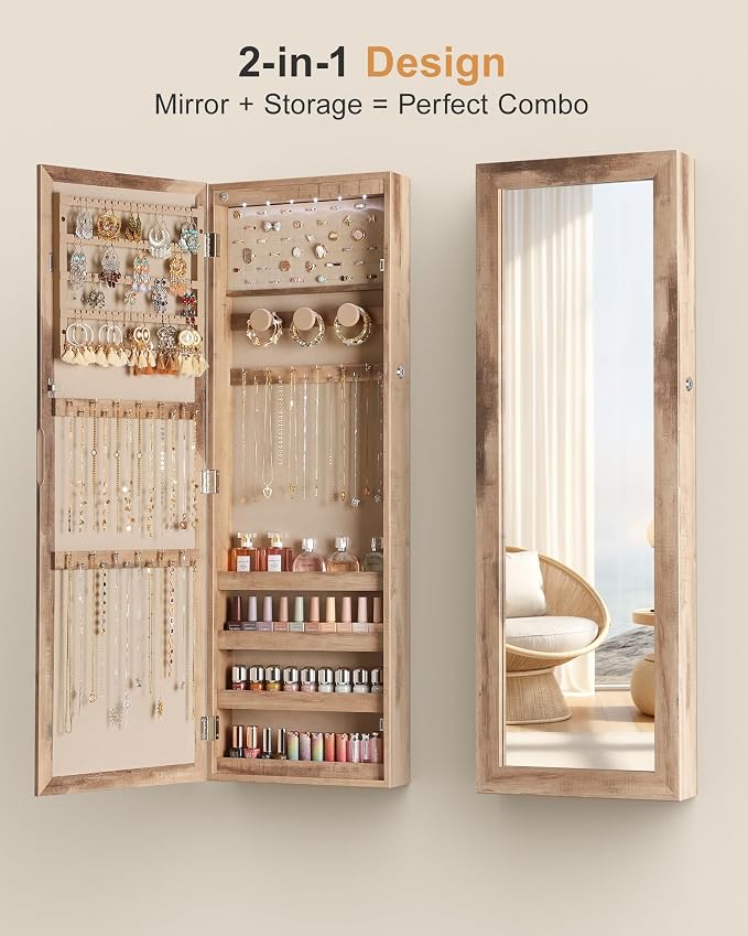 Nicetree 6 LEDs Jewelry Armoire, Hanging Mirror Jewelry Cabinet, Oak | Lockable Mirror with Jewelry Storage, Over the Door Jewelry Organizer, Gift Idea, Easy Assembly, Auto-on Light