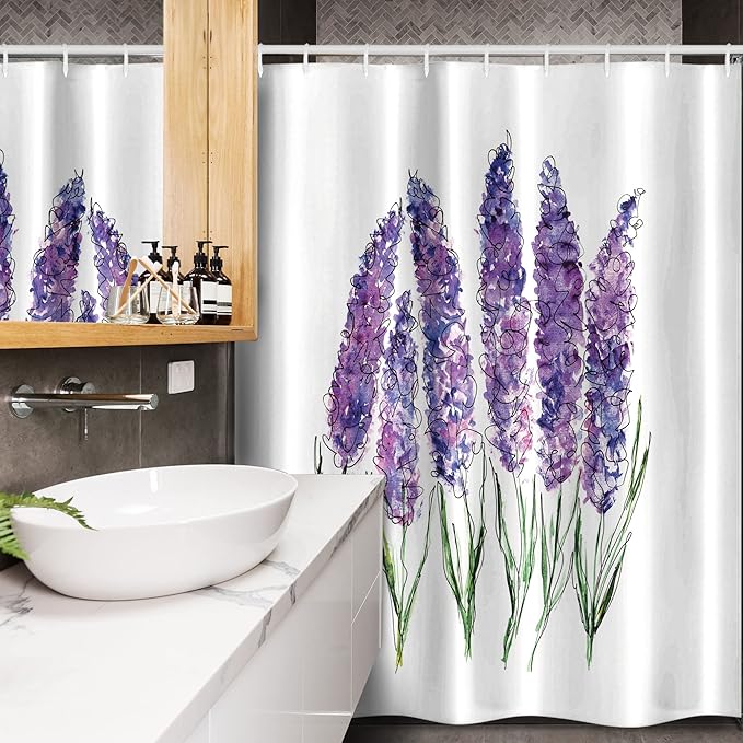 Ambesonne Watercolor Flower Stall Shower Curtain, Illustration of Lavender Flowers Fresh Colors Mint Family Plant, Fabric Bathroom Decor Set with Hooks, 54" W x 78" L, Violet White