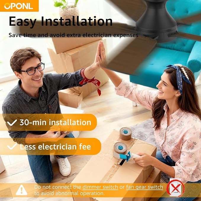 OPONL Ceiling Fan with Light, 52 inch Low Profile Ceiling fan with Light and Remote Control, Reversible, 6CCT, Dimmable, Noiseless, Black Ceiling Fan for Bedroom, Indoor/Outdoor Use, Modern