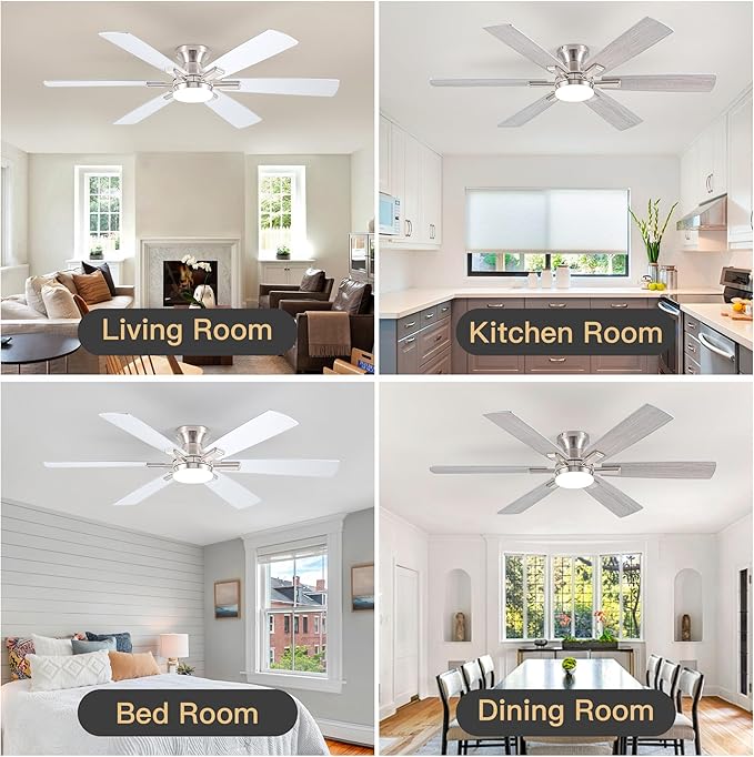 Ceiling Fans with Lights and Remote Control, Brushed Nickel Flush Mount Ceiling Fan with Light 3-Color Dimmable, Memory for Lighting and Fan Reversible, 6-Speed, Timer, Indoor/Outdoor Use, 52 Inch