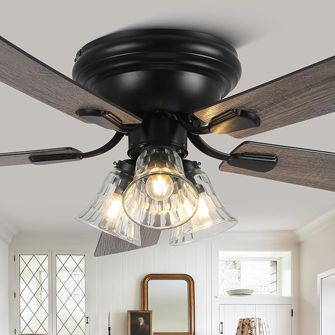 52'' Flush Mount Ceiling Fans with Lights and Remote Control | Reversible DC Motor,5 Reversible Blade,6 Speeds,Rustic Farmhouse Ceiling Fan for Living Room,Dining Room,Bedroom