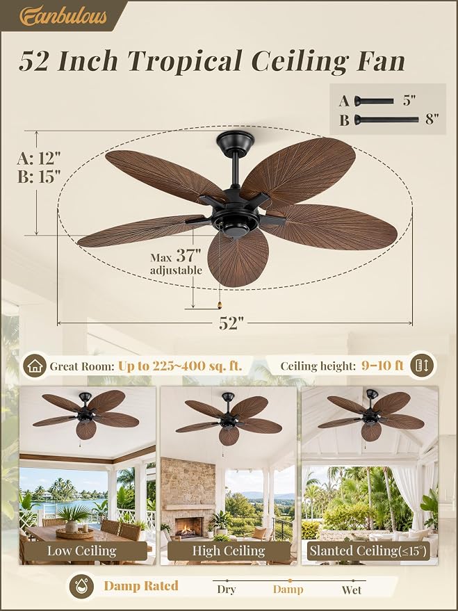 Fanbulous 52 Inch Ceiling Fan No Light, Remote & Pull Chain Tropical Fan With 6 Speeds, 3 Timers, DC Quiet Motor, 5 Palm Blade for Bedroom Living Room Covered Outdoor Patio Porch, Damp Rated, Brown