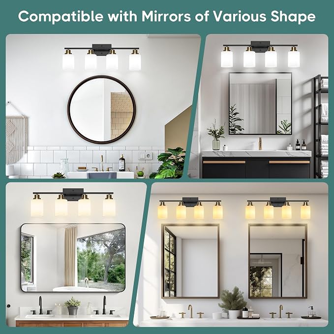 Ascher Bathroom Light Fixtures, 4-Light Vanity Light Over Mirror, Black and Gold Wall Sconces with Milky White Frosted Glass Shades, Wall Lamp for Living Room Bedroom, E26 Base(Bulbs Not Included)