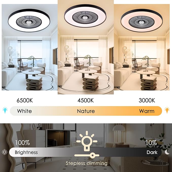 24" Bladeless Ceiling Fans with Lights and Remote/APP Control, Low Profile Ceiling Fan with 3-Dimmable Lights, Enclosed Flush Mount Ceiling Fan for Kid's Bedroom/Living Room