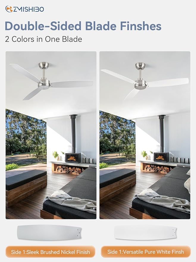 ZMISHIBO 52 Inch Ceiling Fan with Remote No Light, Brushed Nickel & White Outdoor Ceiling Fans with Quiet Reversible DC Motor, 6 Speeds, 3 Blade Modern Ceiling Fan for Patio Living Room Bedroom Indoor