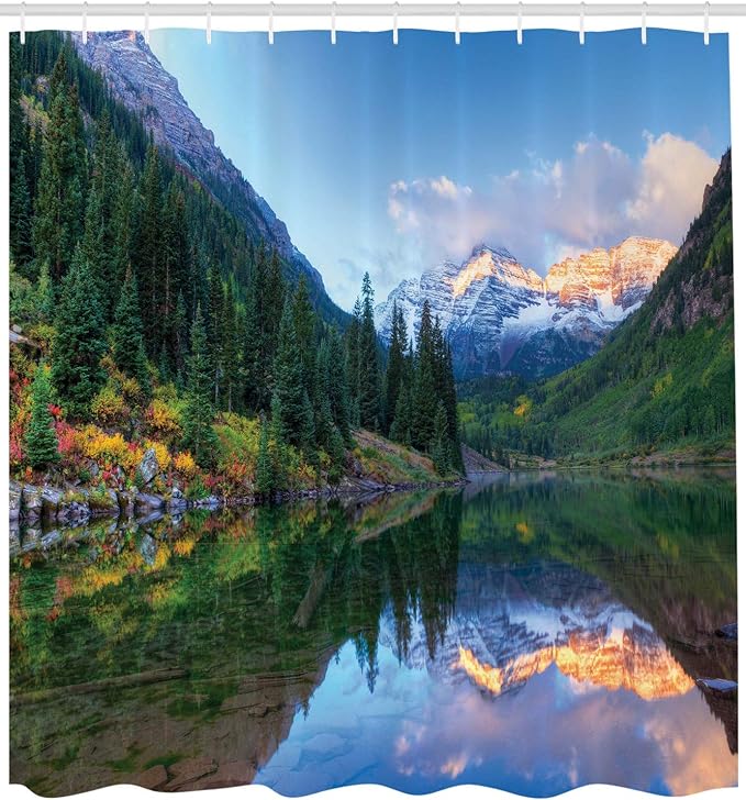 Ambesonne Landscape Shower Curtain, Symmetric Reflection of The Snowcapped Maroon Bells in Autumn Season Sunrise Panoramic Picture, Cloth Fabric Bathroom Set with Hooks, 69" W x 75" L, Yellow Green