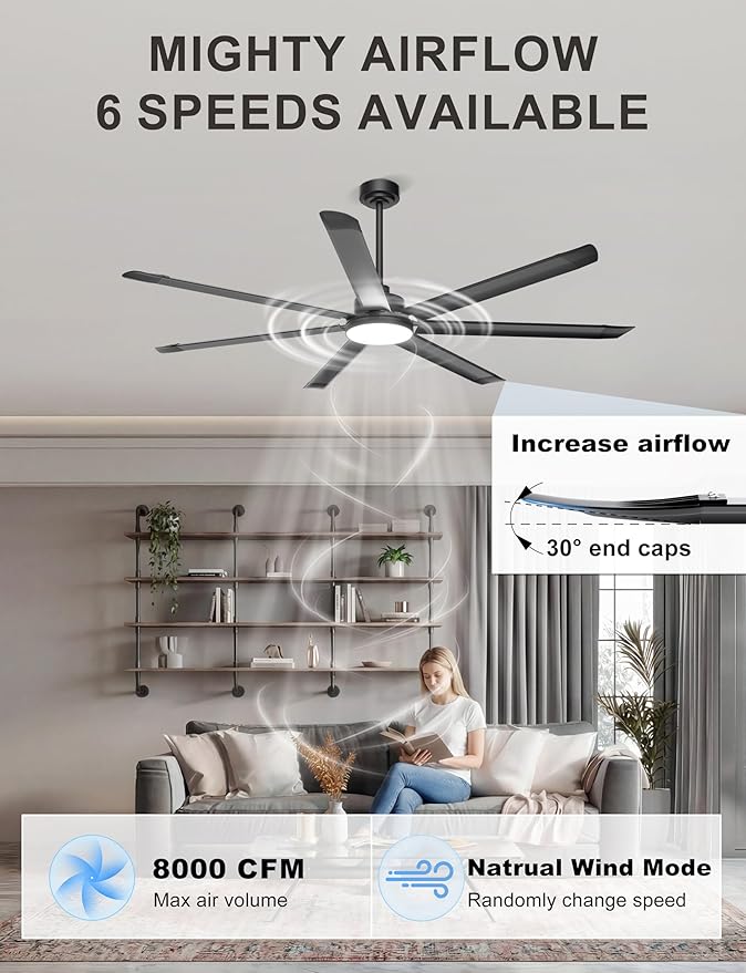 Ohniyou 72'' Industrial Ceiling Fan with Light for Patio, Garage, Black | 8000 CFM Airflow, 35dB DC Motor, 7 Aluminum Blades, 3CCT Dimming, Remote/APP Control, Covered Outdoor Metal Fan