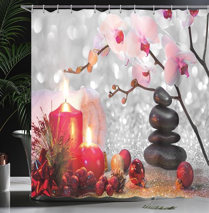 Ambesonne Spa Shower Curtain, Winter Christmas Themed with Pink Orchid Stone and Red Candles Image, Cloth Fabric Bathroom Decor Set with Hooks, 69" W x 84" L, White and Black
