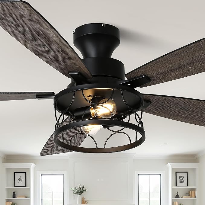 52'' Flush Mount Farmhouse Ceiling Fan with Light and Remote Control | Reversible Quiet DC Wave Iron Cage Fan, 6 Speed 1/2/4H Timer Dual-Sided Wood Blades for Low Ceiling Bedroom Living Room