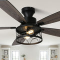 52'' Flush Mount Farmhouse Ceiling Fan with Light and Remote Control | Reversible Quiet DC Wave Iron Cage Fan, 6 Speed 1/2/4H Timer Dual-Sided Wood Blades for Low Ceiling Bedroom Living Room