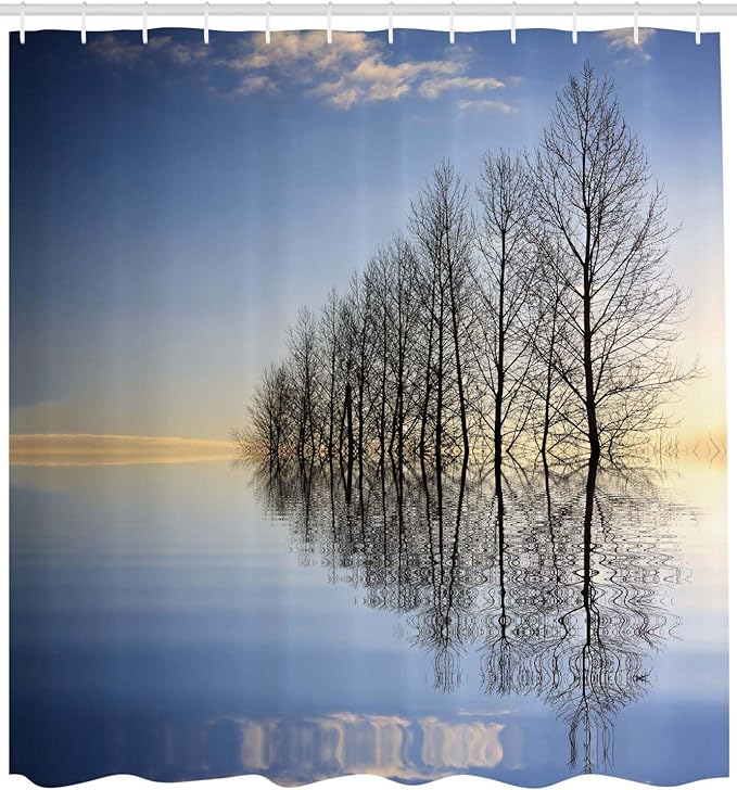Ambesonne Landscape Shower Curtain, Trees on Top of The Frozen Lake in The Winter Scenic Forces of Nature Art Print, Cloth Fabric Bathroom Decor Set with Hooks, 69" W x 70" L, Blue Brown
