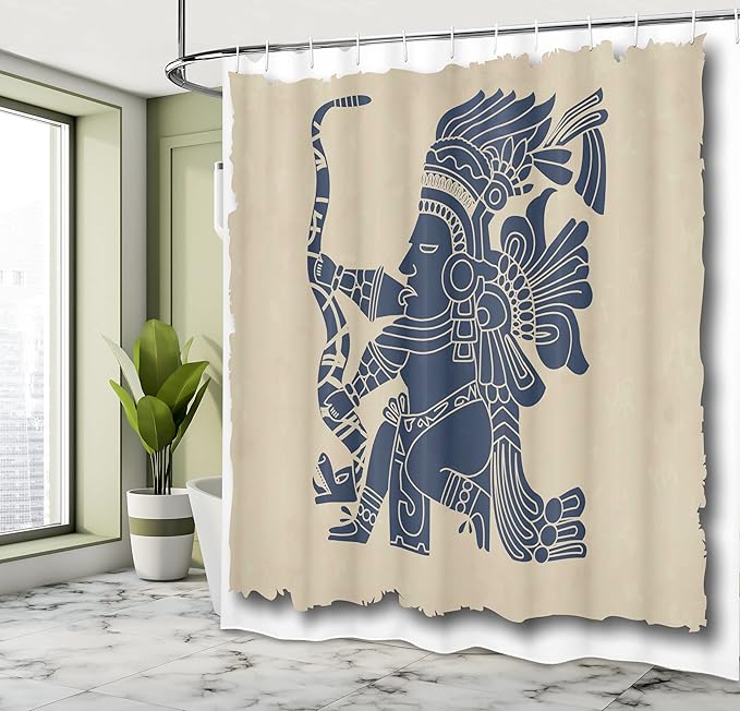 Ambesonne Tribal Shower Curtain, Mayan and Inca Prehistoric Art Motif with Man in Old Paper Print, Cloth Fabric Bathroom Decor Set with Hooks, 69" W x 70" L, Beige Blue Grey