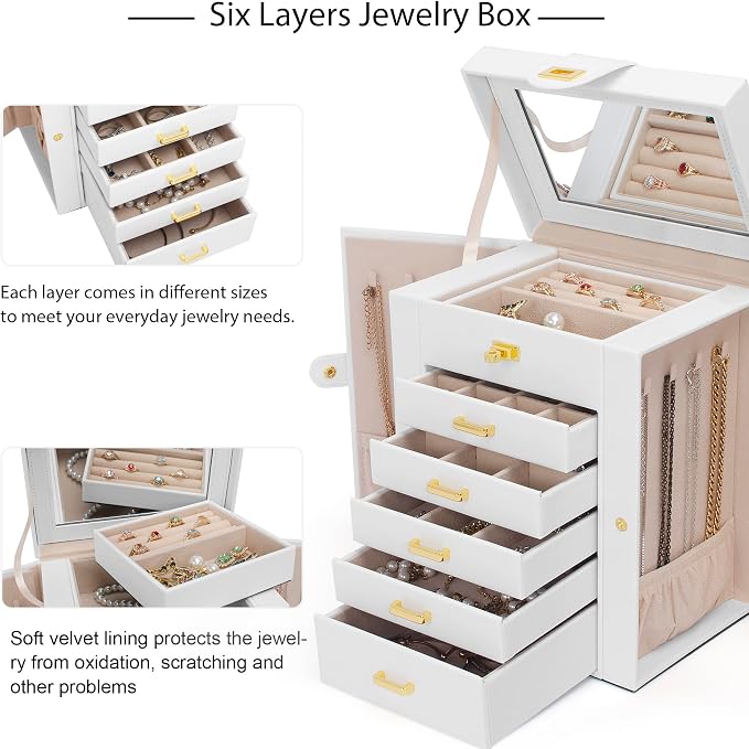 AKOZLIN 6-Tier Jewelry Box Organizer Functional 5 Drawers Leather Jewelry Storage Case for Women Girls Ring Necklace Earring Bracelet Holder Organizer with Mirror White Large