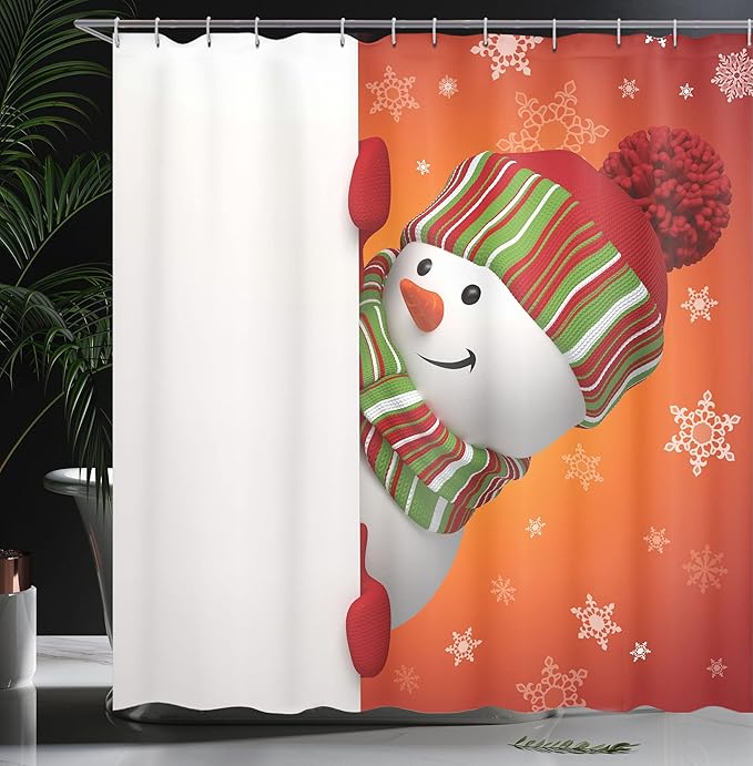 Ambesonne Christmas Shower Curtain, Modern Snowman Illustration and Hat Scarf New Year Celebration Design Xmas Joy, Cloth Fabric Bathroom Decor Set with Hooks, 69" W x 84" L, White Orange