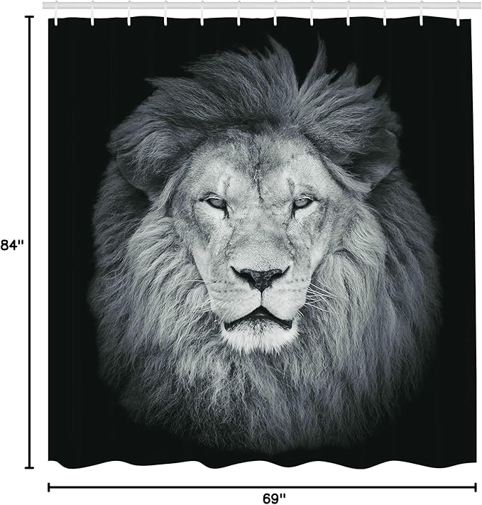 Ambesonne Savannah Shower Curtain, Huge Lion Head with Fure Mane Against Dark Background Monochromic, Cloth Fabric Bathroom Decor Set with Hooks, 69" W x 84" L, Green Grey