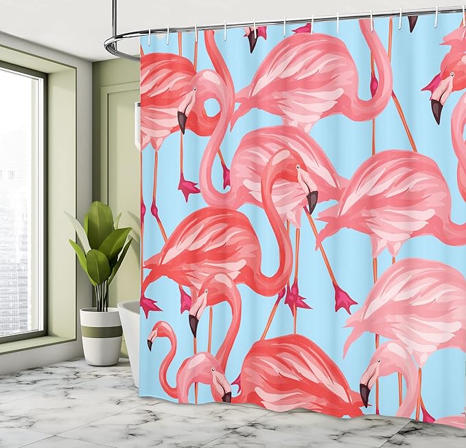 Ambesonne Flamingo Shower Curtain, Tropical Birds Pattern Flamingos Colorful Exotic Animal Nature Artwork, Cloth Fabric Bathroom Decor Set with Hooks, 69" W x 75" L, Blue Coral