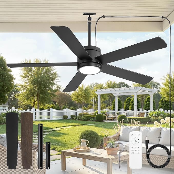Fanbulous 52" Outdoor Ceiling Fan with Light and Remote, IP65 Waterproof, Plug-in Design with 10FT Cord, 6-Speeds, 3CCT, Hook Hanging Fan for Gazebo Patio Porch Garage Canopy(Black)