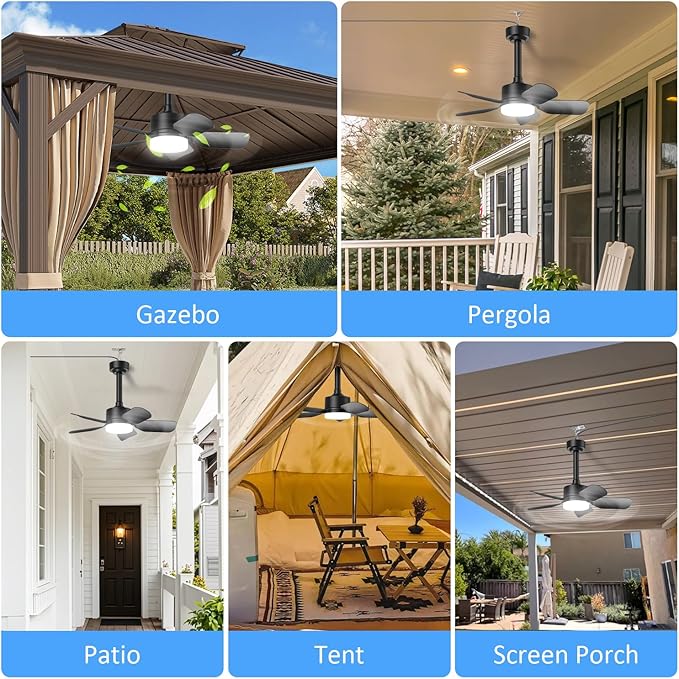 Small Ceiling Fan with Light & Remote, 20" 30W 2000 Lumens 3 Colors 3000K-6500K 6-Speed Outdoor Fans for Patios,Gazebos and Canopy, Portable Plug in Ceiling Fan Light for Garages, Camping, RV, Tents.