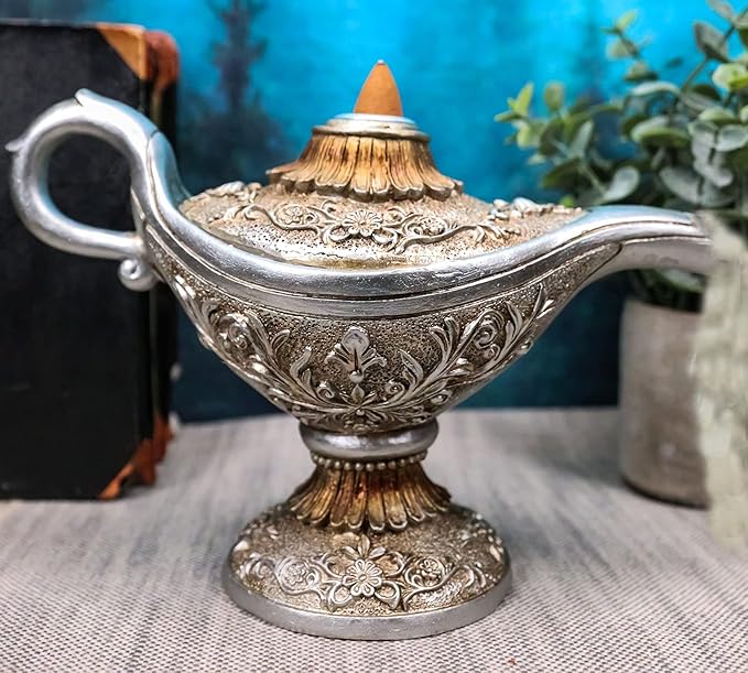 Ebros Gift Floral Ornate Aladdin Genie Magical Lamp Shaped Backflow Incense Cone Holder Burner Figurine Altar Arabian Night Middle Eastern Magic Lamps Design Home Aromatherapy Accent Sculpture