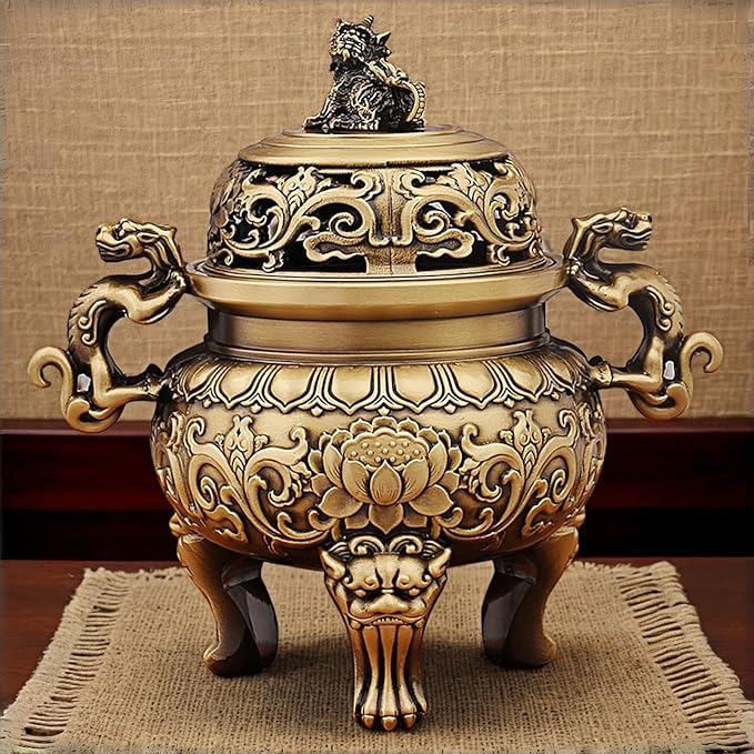 Antique Chinese Brass Incense Burner & Censer – Handmade Solid Brass with Fu Lion Foo Dog Lid, Feng Shui for Zen Meditation, Altar, Home Office Decor (5.5in, 670g), Harmony & Peace