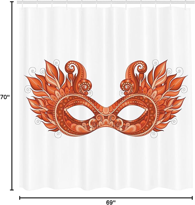 Ambesonne Masquerade Shower Curtain, Ornate Mardi Gras Carnival with Feathers Festival Celebration Theme Artwork, Cloth Fabric Bathroom Decor Set with Hooks, 69" W x 70" L, Orange