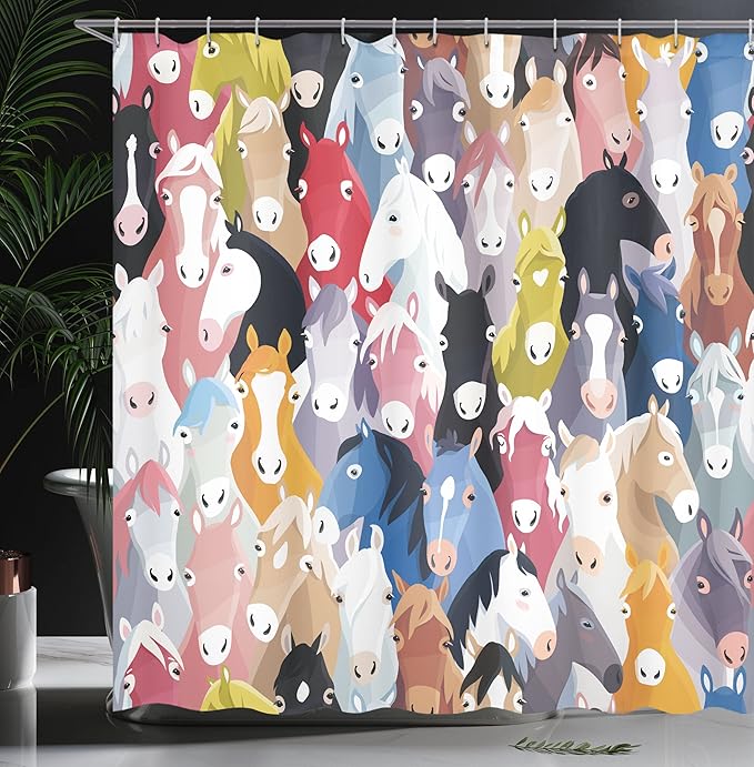 Ambesonne Abstract Shower Curtain, Pattern with Colorful Cartoon Style Horses Pony Childhood Theme Childish Artwork, Cloth Fabric Bathroom Decor Set with Hooks, 69" W x 75" L, Blue Green