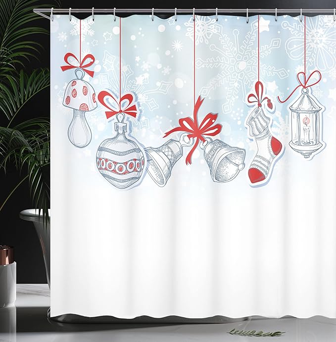 Ambesonne Christmas Shower Curtain, Retro Style Famous Socks for and Candy Bells and Snowflake Graphic, Cloth Fabric Bathroom Decor Set with Hooks, 69" W x 84" L, White and Orange